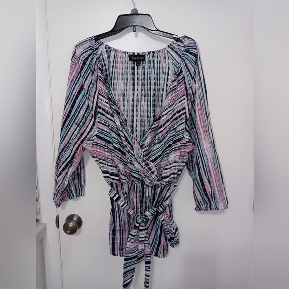 Lane Bryant Long Sleeve Crossover front tie up elastic waist striped blouse - Picture 1 of 8